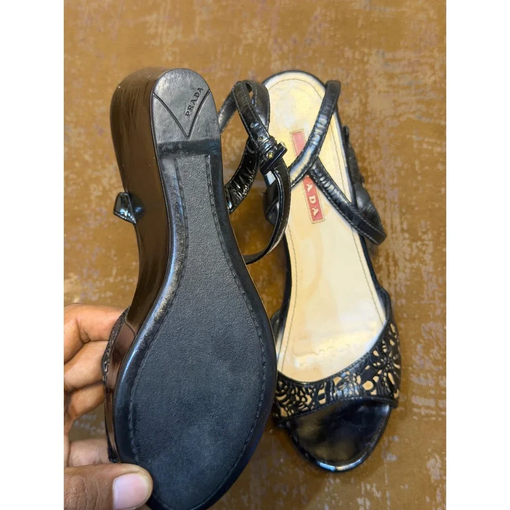 Prada Black Patent Leather Laser Cut Floral Wedge Sandals 3XZ145 36.5 EU